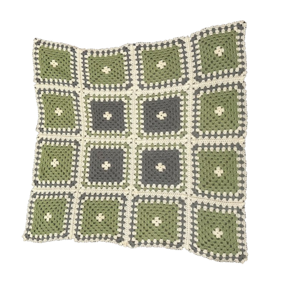 Handmade Knit Crochet Throw Blanket Afghan Granny Square Cream Grey Green 37x37